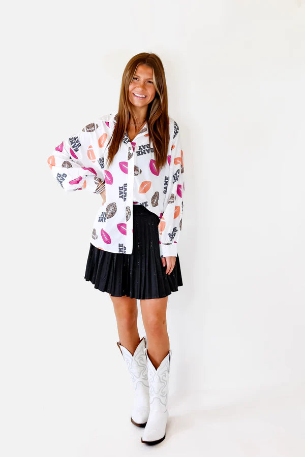 The Gameday Way Button Up Football Print Top in White - bestdisneylandrvpark