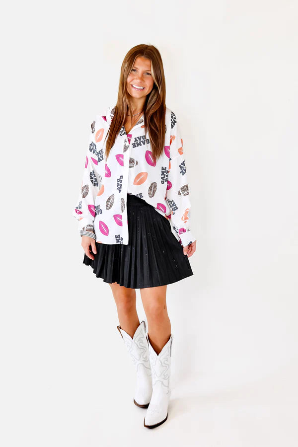 The Gameday Way Button Up Football Print Top in White - bestdisneylandrvpark