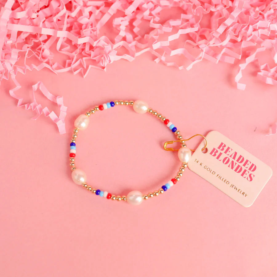 Beaded Blondes | Red, White & Blues Pearl Gold Stretchy Poppi Bracelet - bestdisneylandrvpark