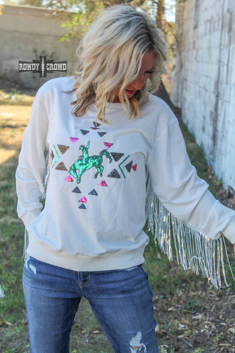 Online Exclusive | Casanova Sequin Fringe Long Sleeve Sweater in White - bestdisneylandrvpark