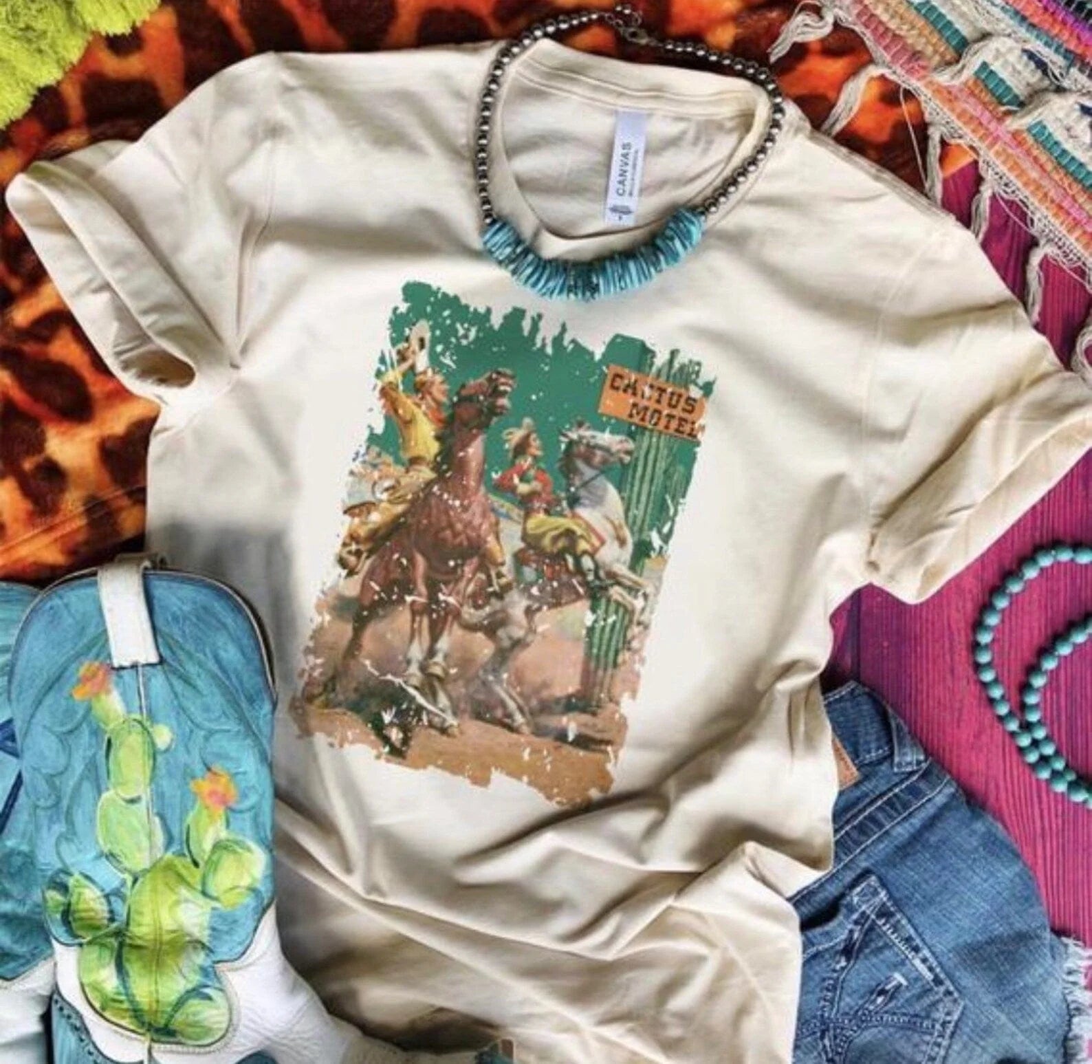 Online Exclusive | Cactus Motel Cowboy Comic Short Sleeve Graphic Tee in Cream - bestdisneylandrvpark