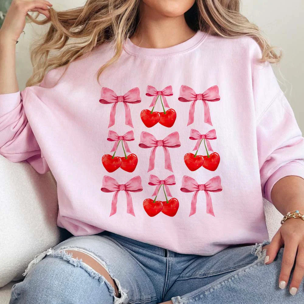 Online Exclusive | Cherry Bow Coquette Long Sleeve Graphic Sweatshirt in Pink - bestdisneylandrvpark