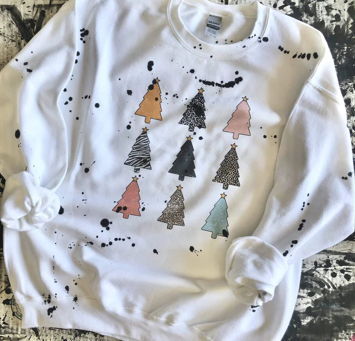 Online Exclusive | Multi Print Christmas Tree Splatter Paint Graphic Sweatshirt in White - bestdisneylandrvpark