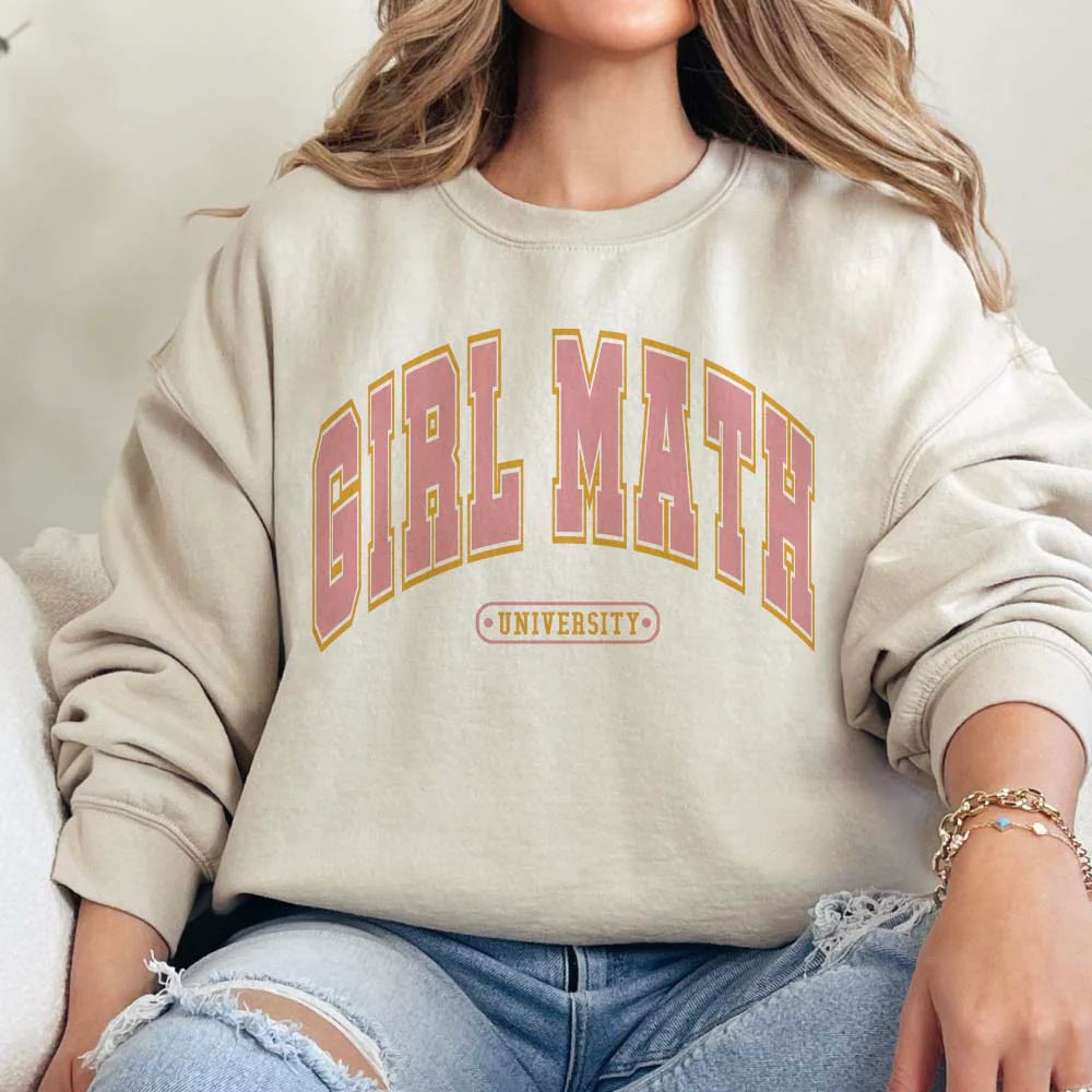 Online Exclusive | Girl Math University Long Sleeve Graphic Sweatshirt in Cream - bestdisneylandrvpark