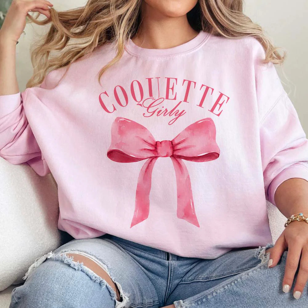 Online Exclusive | Girly Coquette Long Sleeve Graphic Sweatshirt in Pink - bestdisneylandrvpark