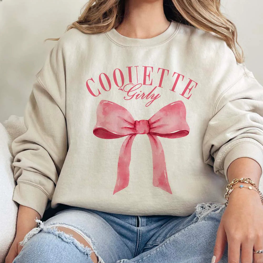 Online Exclusive | Girly Coquette Long Sleeve Graphic Sweatshirt in Cream - bestdisneylandrvpark