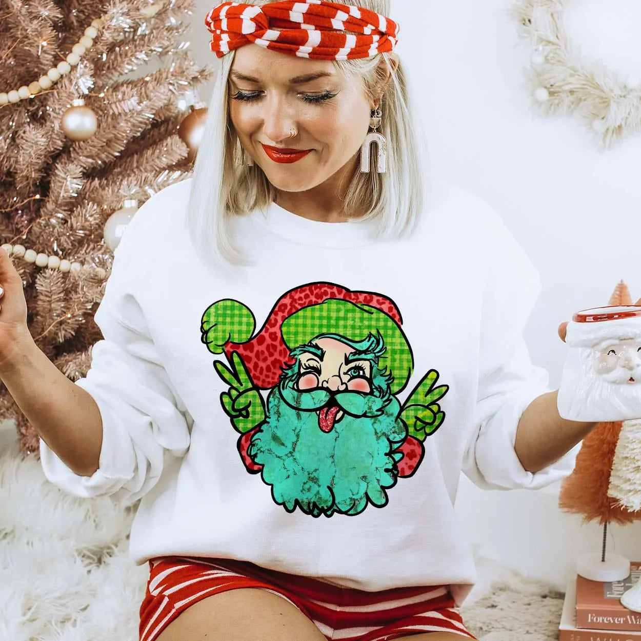 Online Exclusive | Hippie Peace Santa Long Sleeve Graphic Fleece Sweatshirt in White - bestdisneylandrvpark