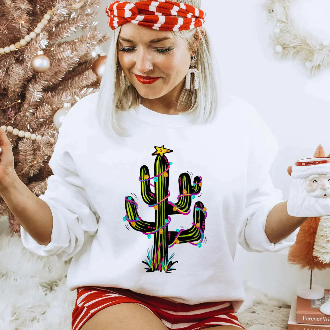 Online Exclusive | Holiday Cactus With Lights Long Sleeve Graphic Fleece Sweatshirt in White - bestdisneylandrvpark