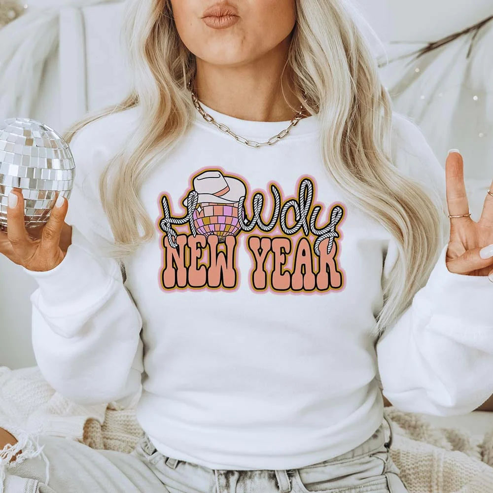 Online Exclusive | Howdy New Year Graphic Sweatshirt in White - bestdisneylandrvpark