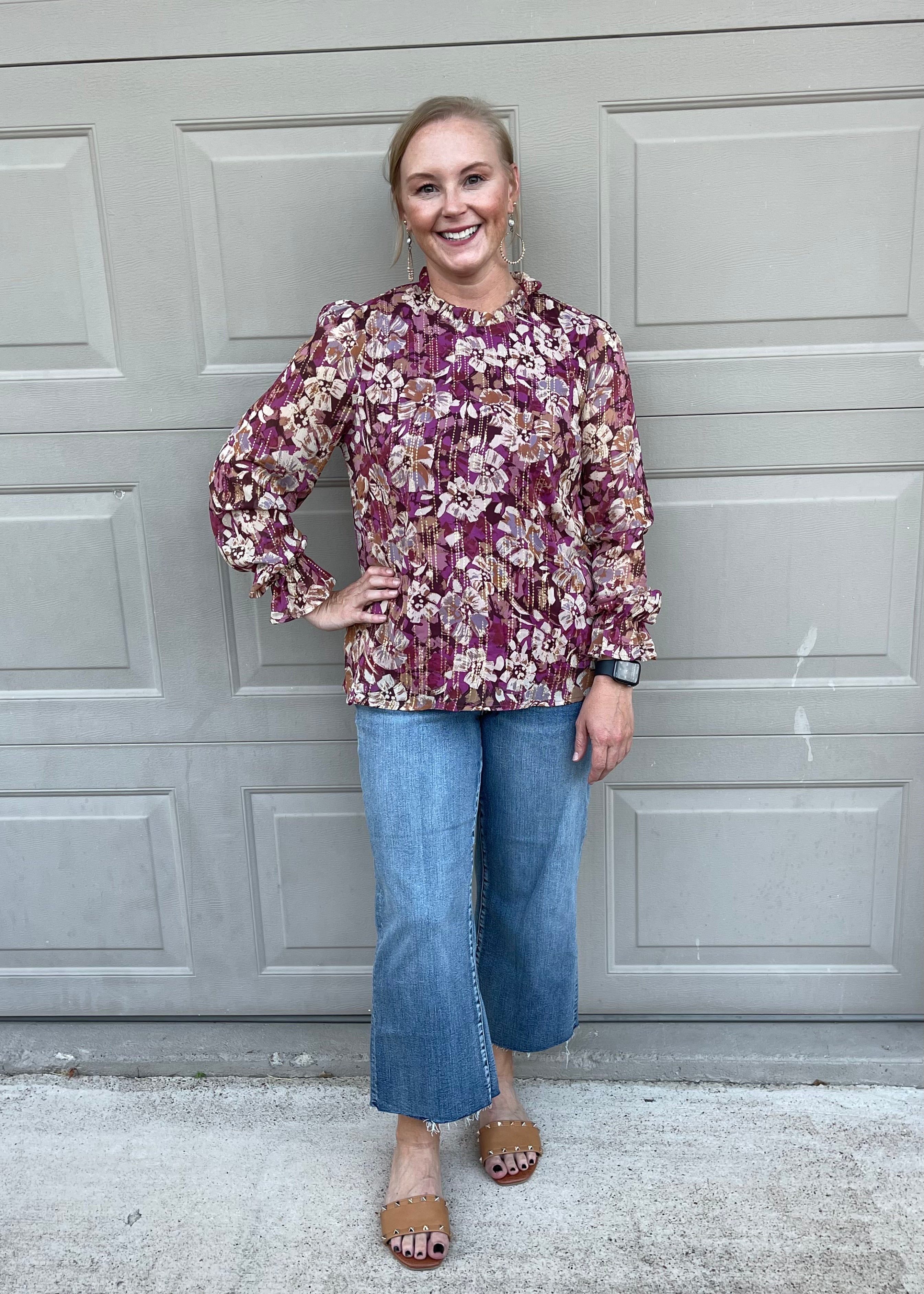 Counting Favors High Neck Floral Top with Long Sleeves in Magenta and Gold - bestdisneylandrvpark