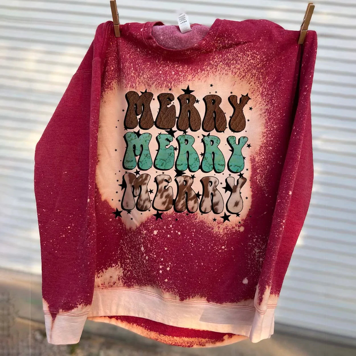 Online Exclusive | Merry Merry Merry Cowgirl Christmas Long Sleeve Bleached Splatter Graphic Sweatshirt in Red - bestdisneylandrvpark