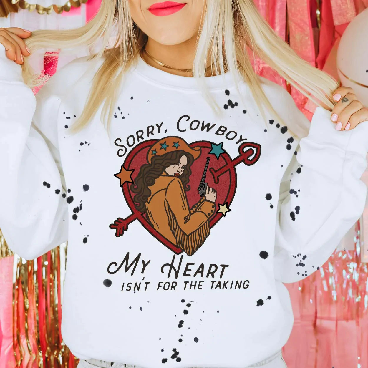 Online Exclusive | Sorry, Cowboy Long Sleeve Graphic Sweatshirt with Black Splatter Paint in White - bestdisneylandrvpark