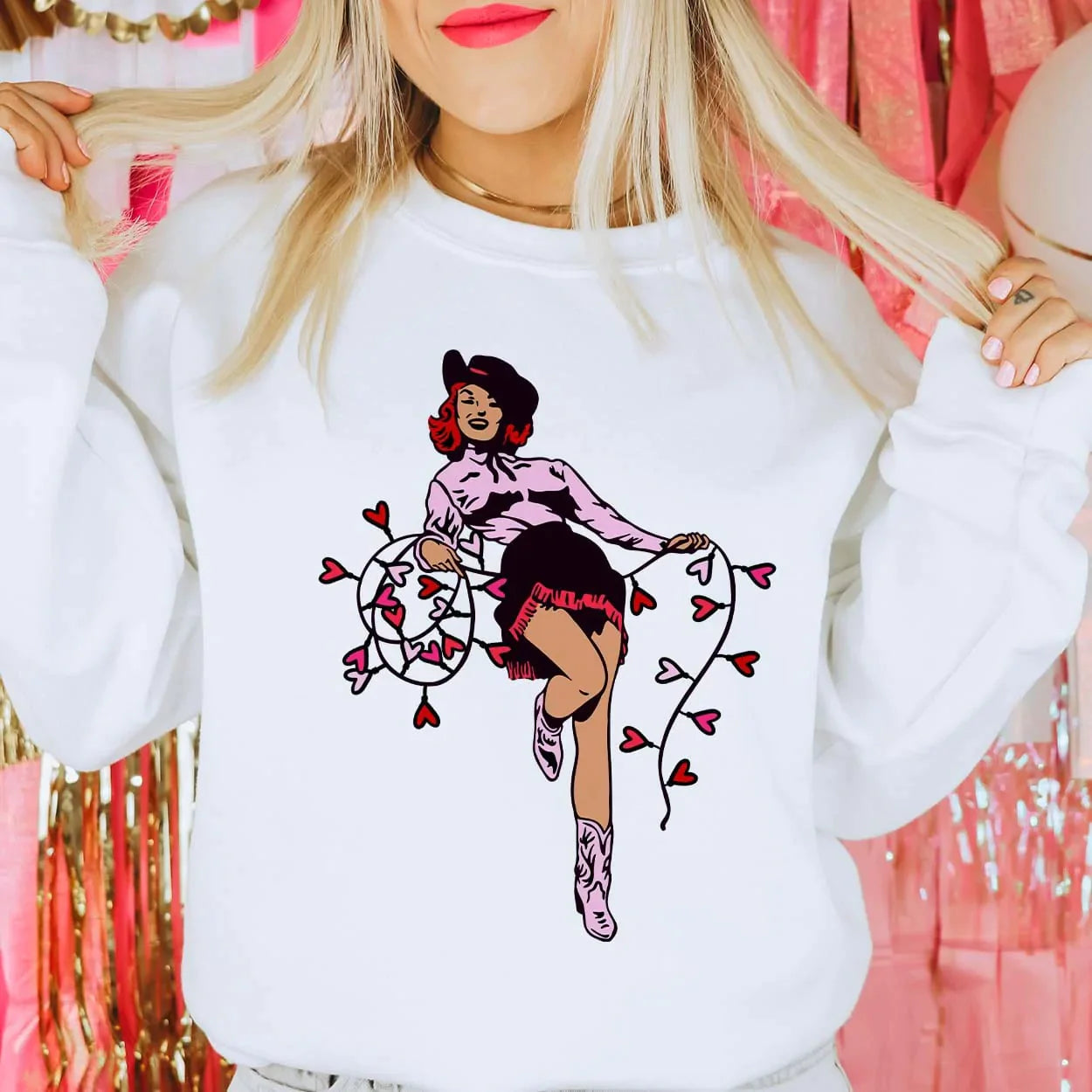 Online Exclusive | Valentine Cowgirl Long Sleeve Graphic Sweatshirt in White - bestdisneylandrvpark