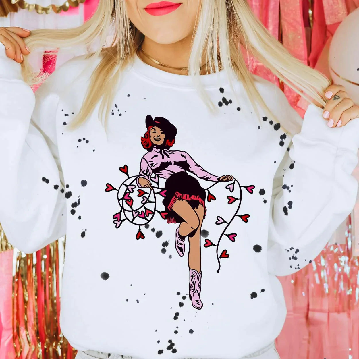 Online Exclusive | Valentine Cowgirl Long Sleeve Graphic Sweatshirt with Black Splatter Paint in White - bestdisneylandrvpark