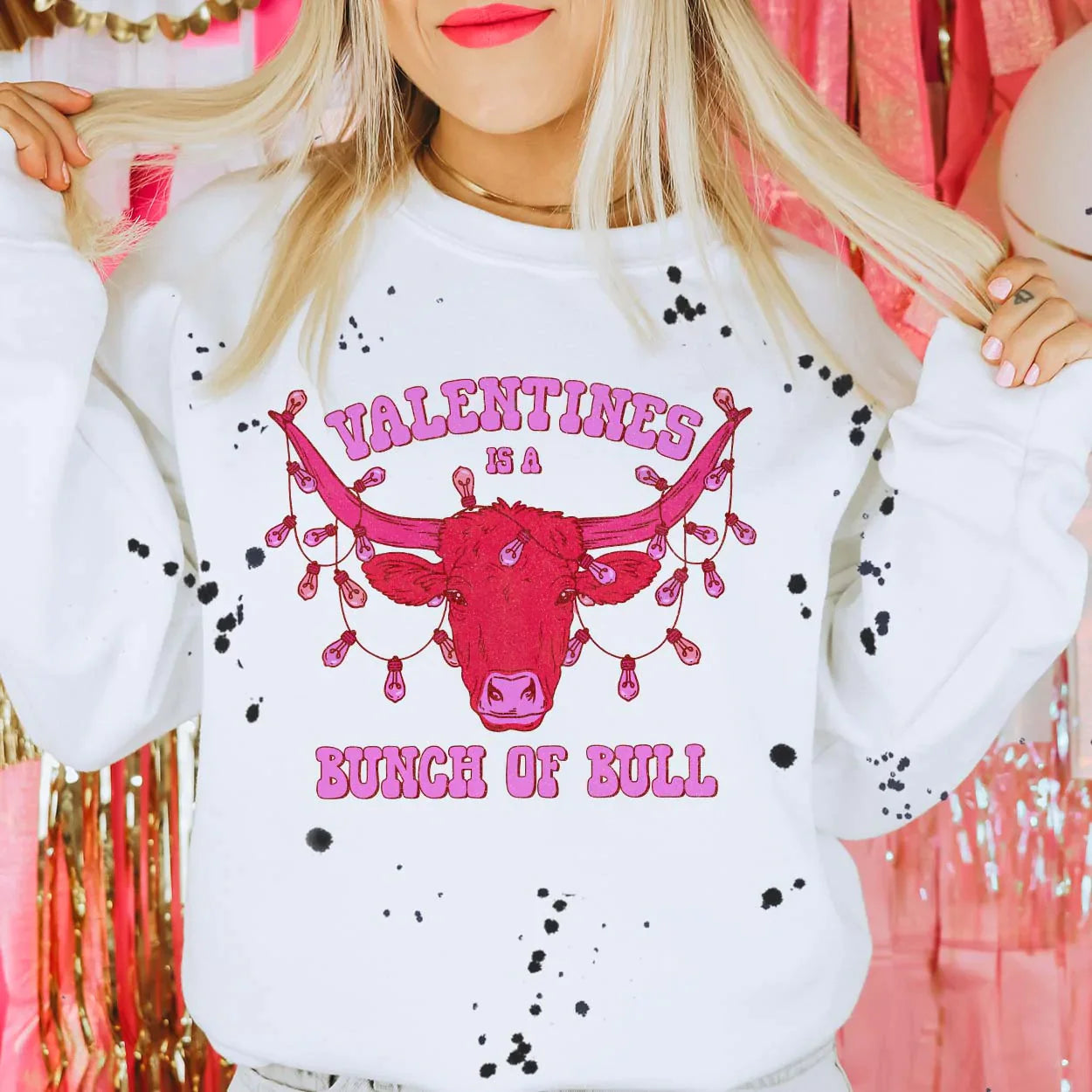 Online Exclusive | Valentines Is A Bunch Of Bull Long Sleeve Graphic Sweatshirt with Black Splatter Paint in White - bestdisneylandrvpark