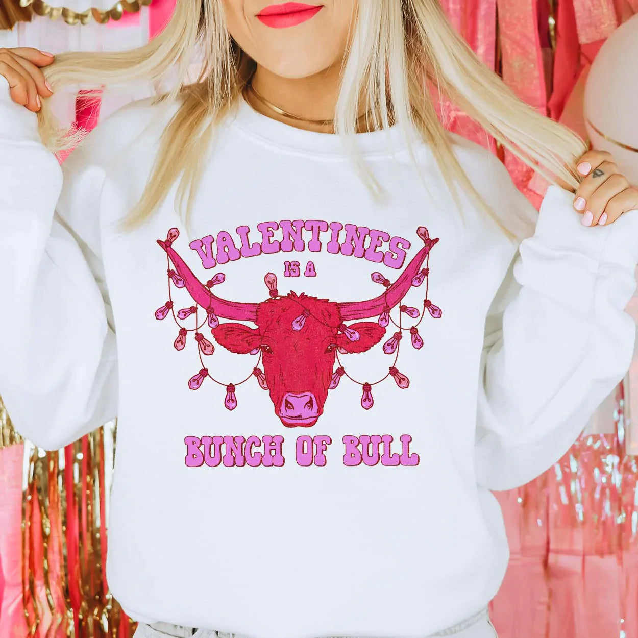 Online Exclusive | Valentines Is A Bunch Of Bull Long Sleeve Graphic Sweatshirt in White - bestdisneylandrvpark