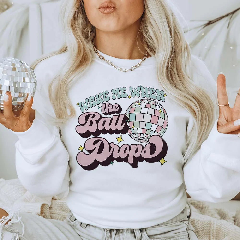 Online Exclusive | Wake Me When The Ball Drops Graphic Sweatshirt in White - bestdisneylandrvpark