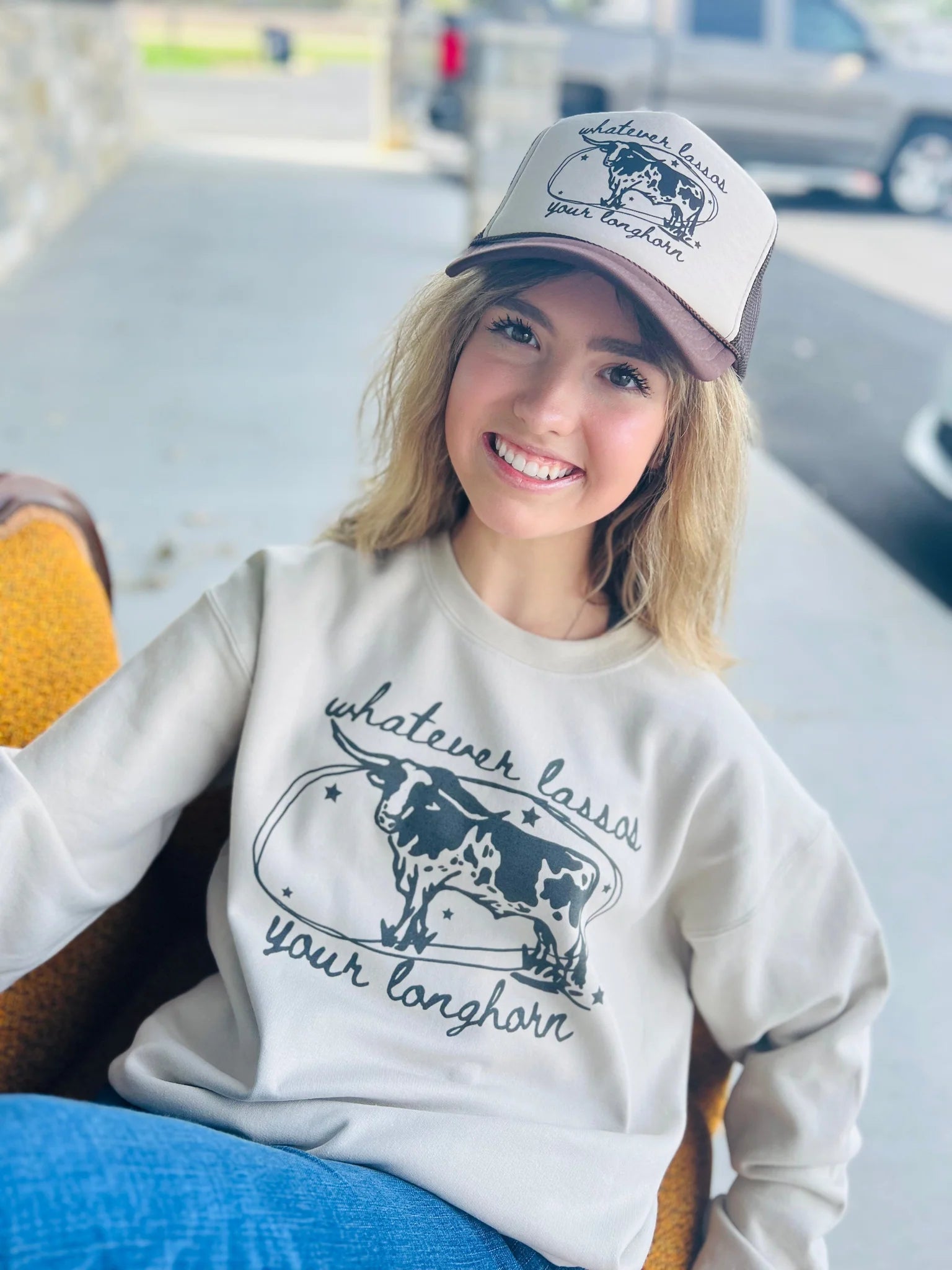 Online Exclusive | Whatever Lassos Your Longhorn Graphic Sweatshirt in Cream - bestdisneylandrvpark