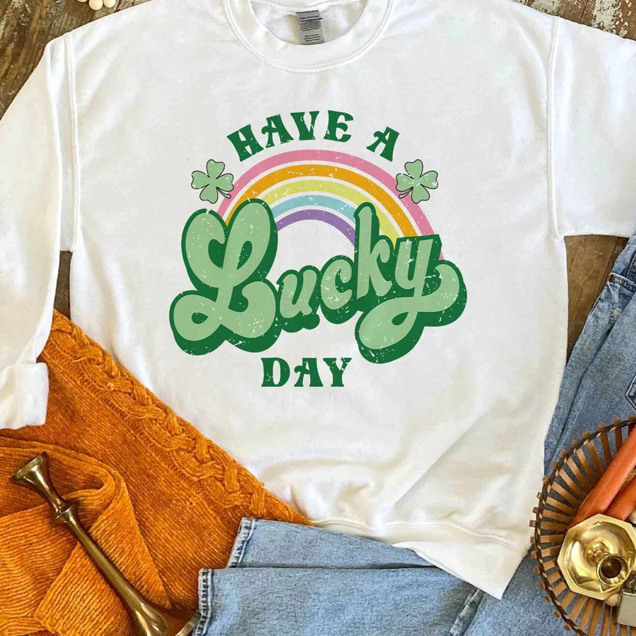 Have A Lucky Day Long Sleeve Graphic Sweatshirt in White - bestdisneylandrvpark