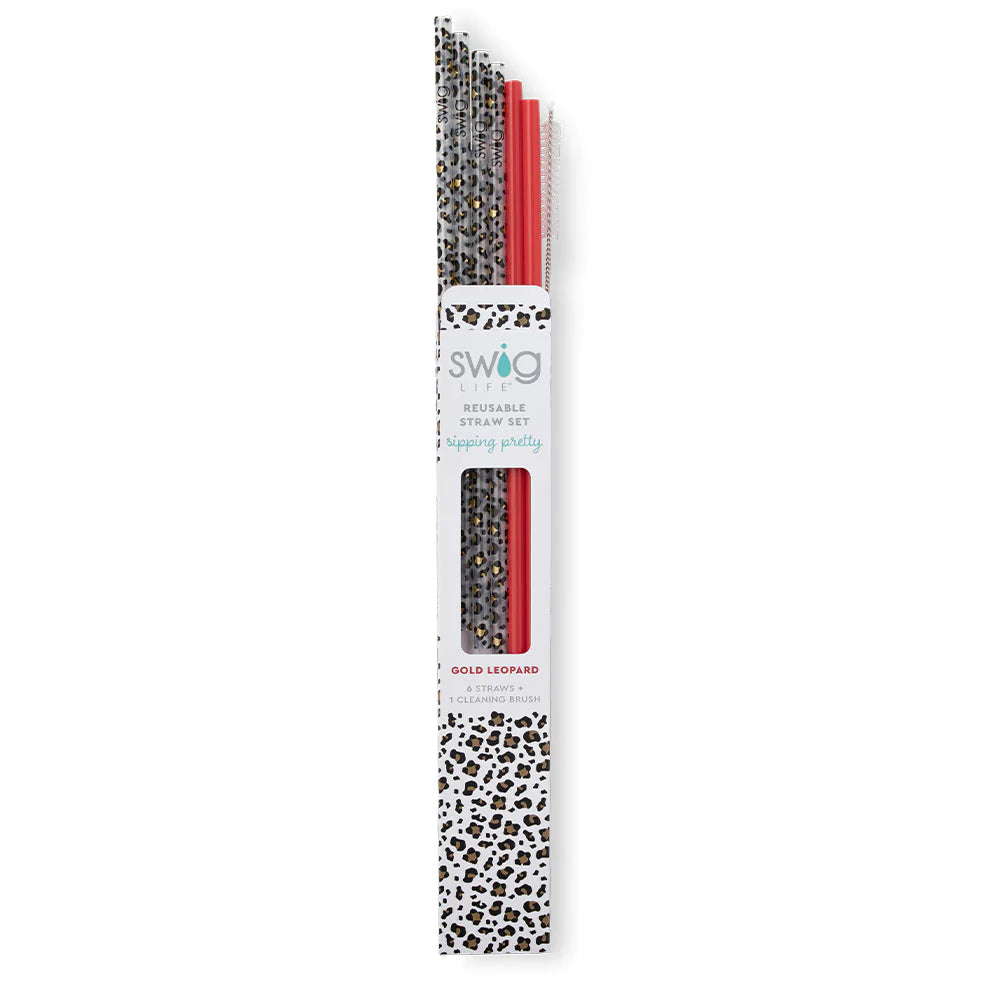 This is a pack of six straws with one cleaning brush, there are four black  and gold leopard print straws, and 2 red. These items are taken on a white  background.