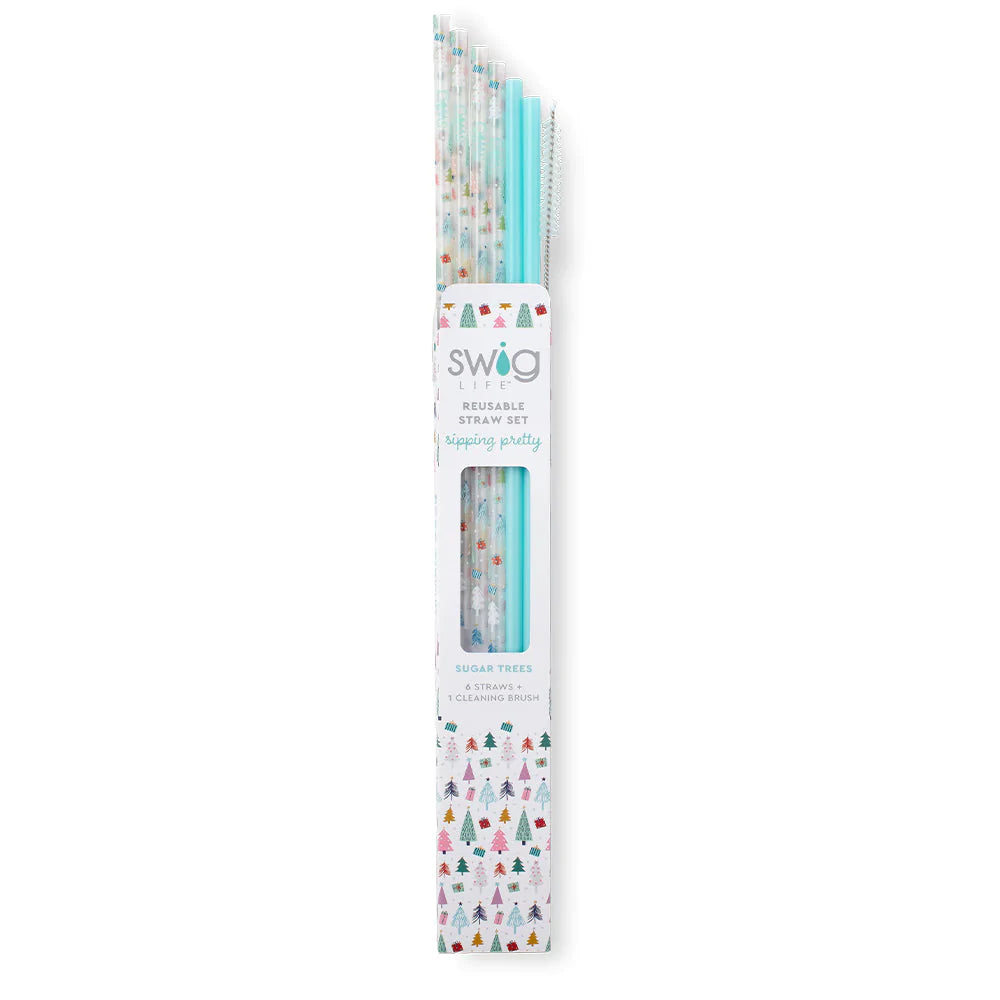 This is a pack of six straws with one cleaning brush, there are four multicolored  christmas tree print straws, and 2 turquoise. These items are taken on a white  background.